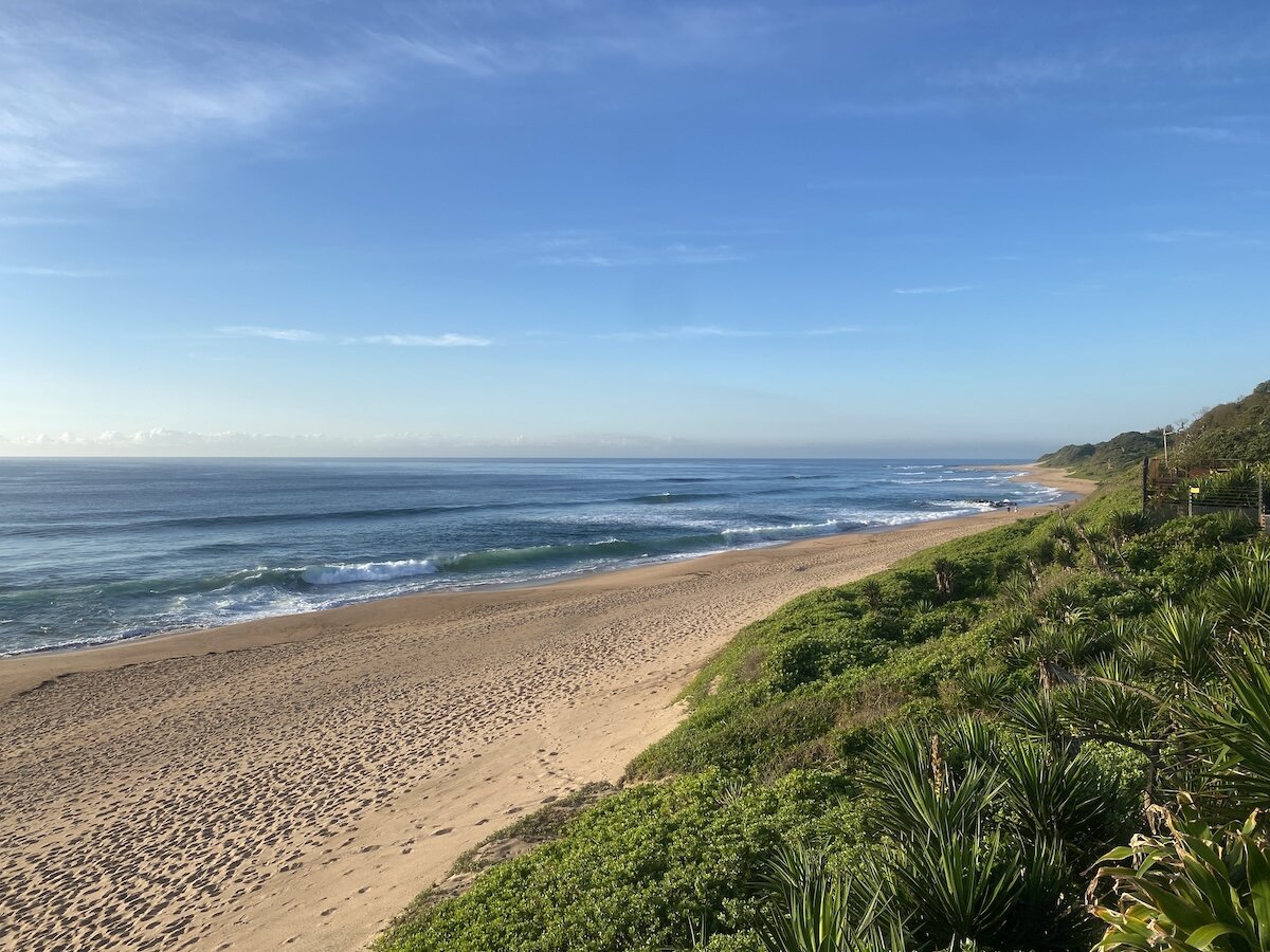 Expansive sandy beach with ocean waves under a clear blue sky, seen from a lush green hillside in Zinkwazi.