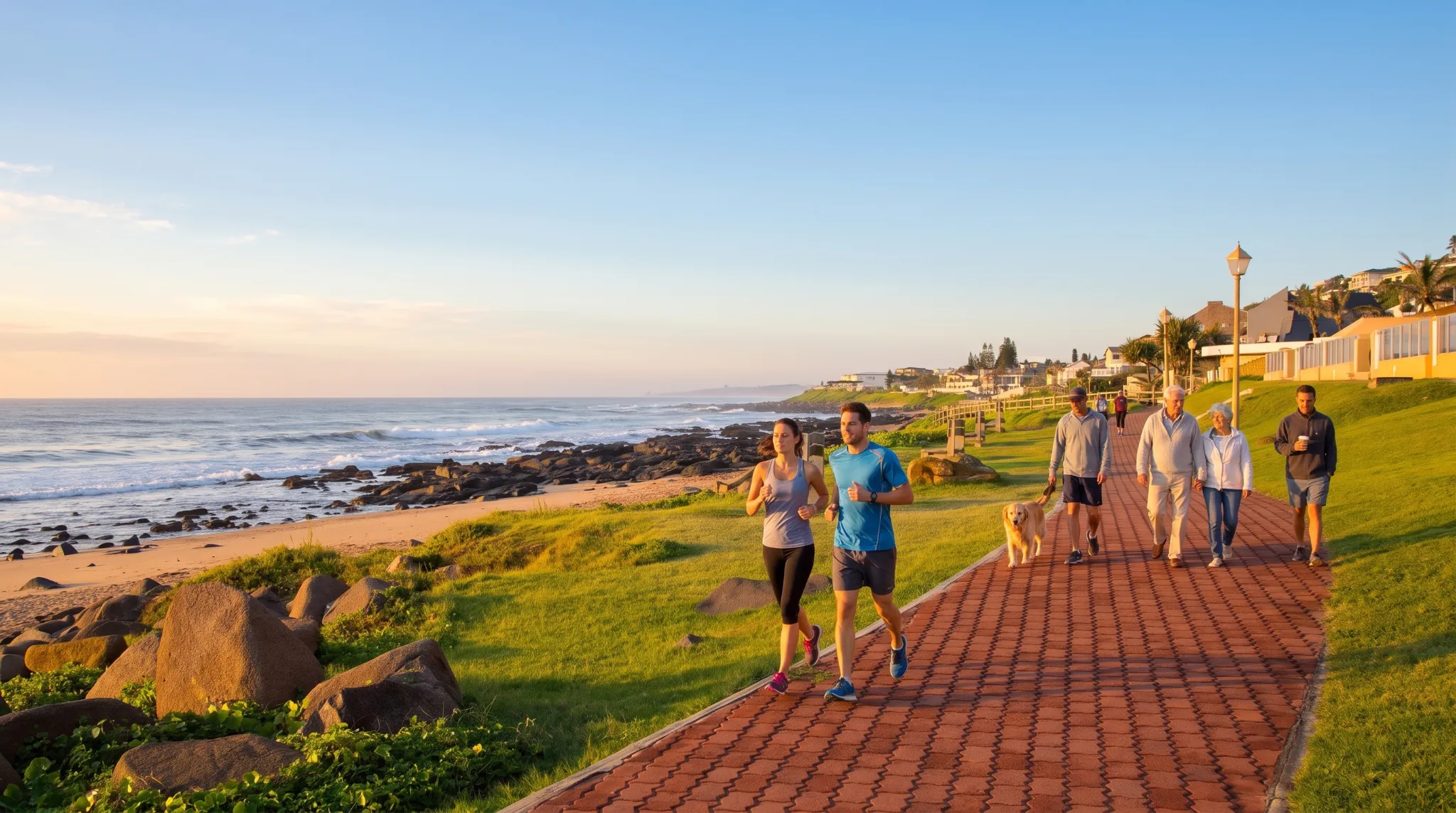 People running and walking on a paved pathway along the ocean in Ballito under a clear sky.