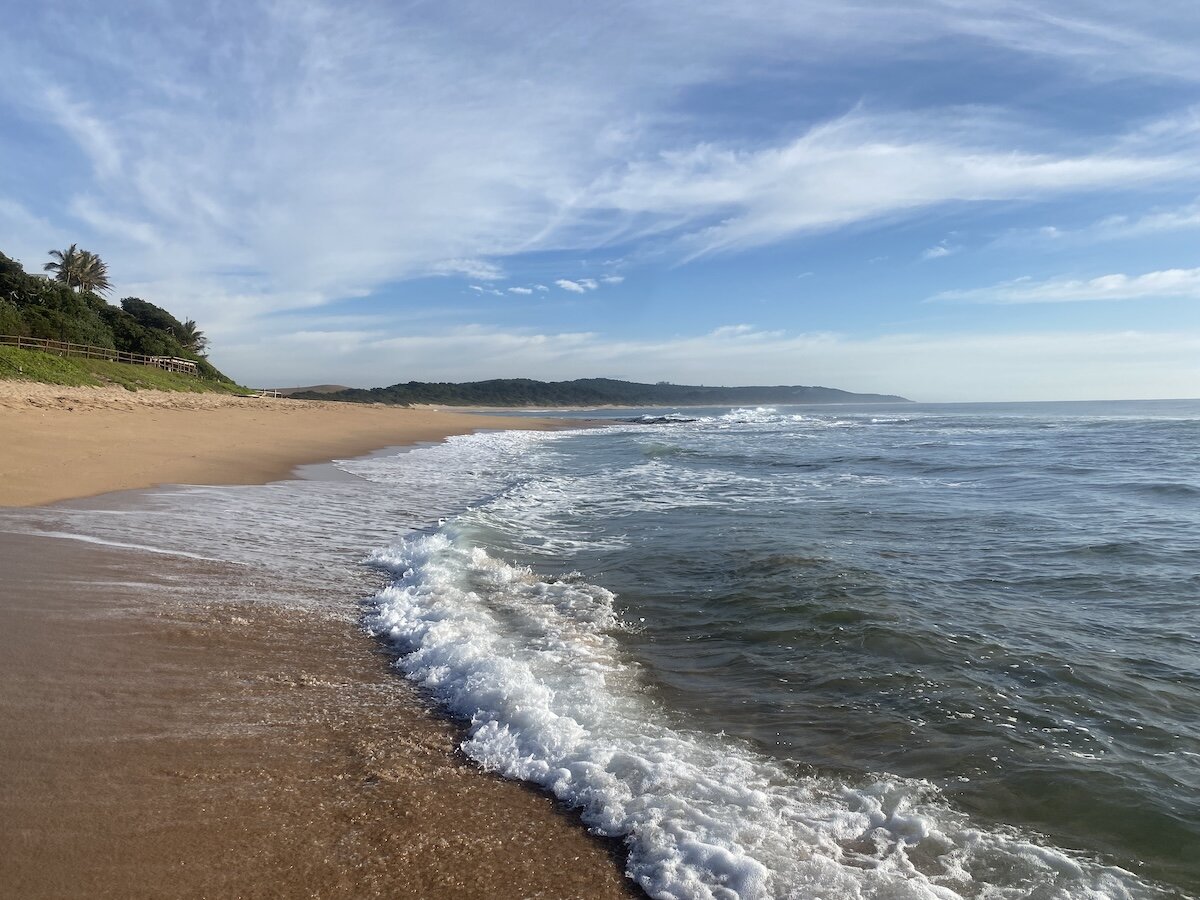 Waves ripple onto the sandy beach with lush greenery and a distant headland at Zinkwazi.