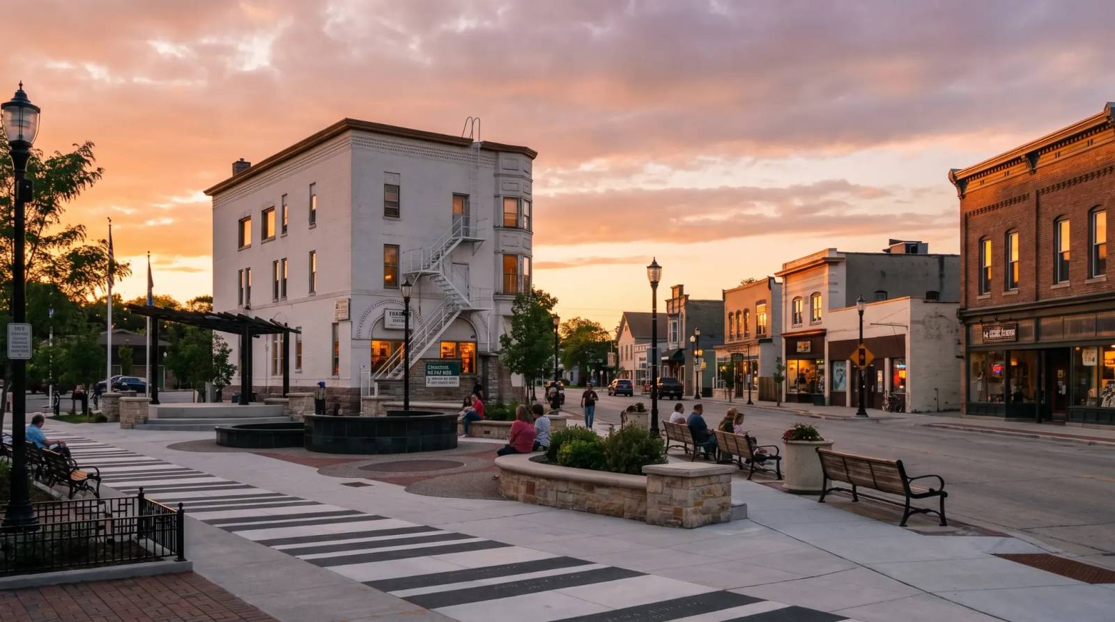 A public plaza with a statue and stone buildings under a clear sky in Grafton.