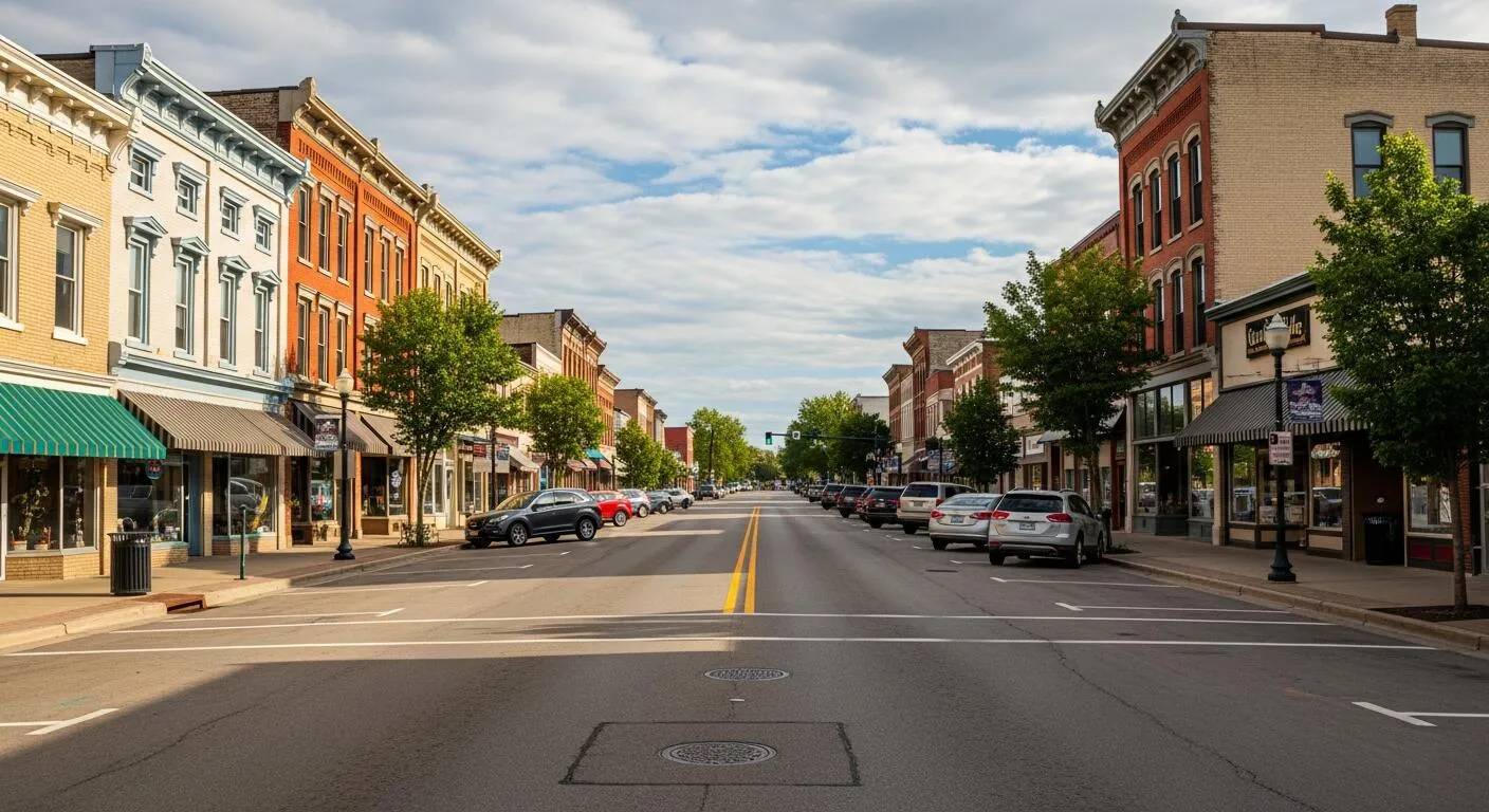 Downtown Saukville street lined with parked cars, vibrant storefronts, and leafy trees under a bright sky.