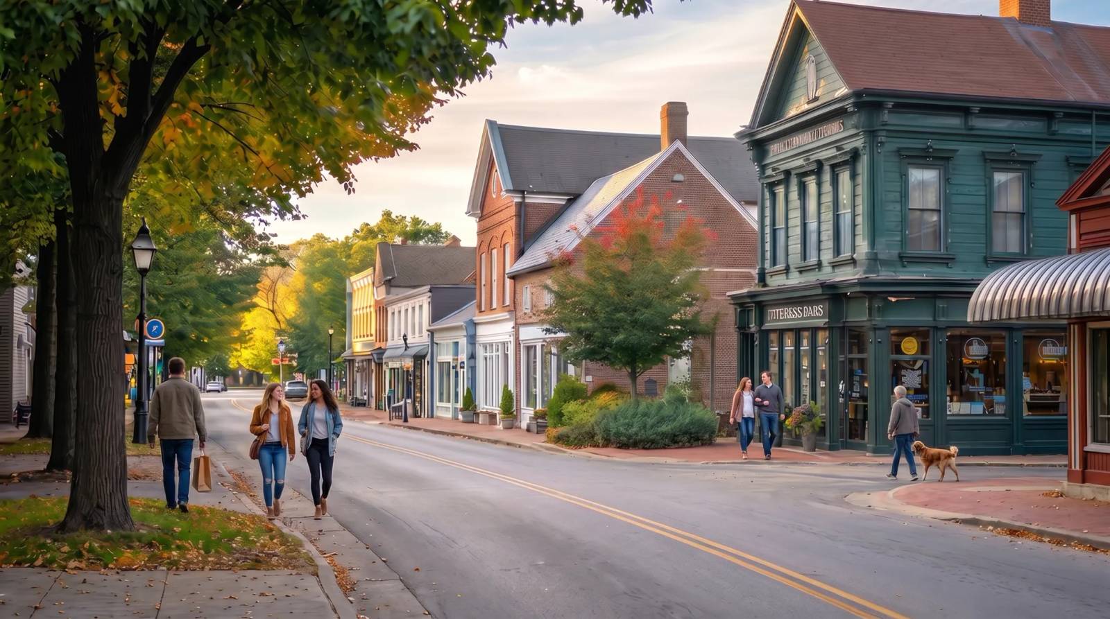 A vibrant street scene at dusk in Germantown with tree-lined sidewalks and historic buildings.