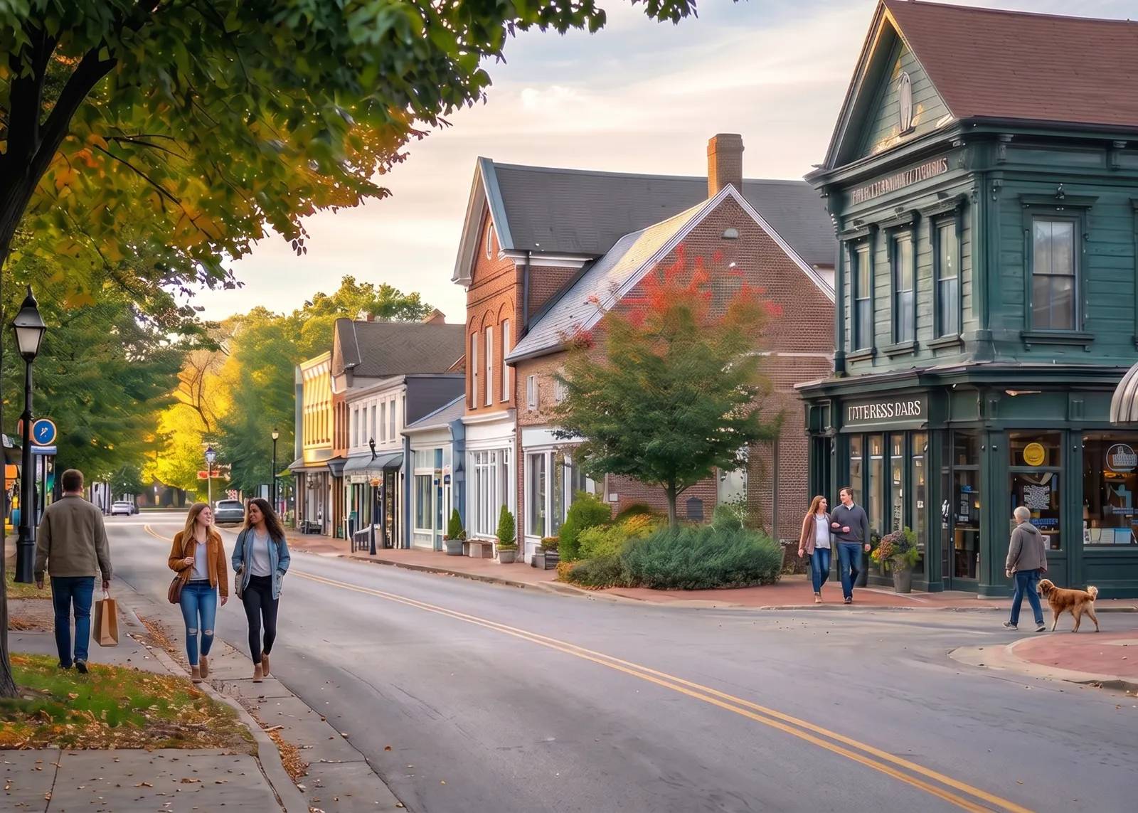 A vibrant street scene at dusk in Germantown with tree-lined sidewalks and historic buildings.