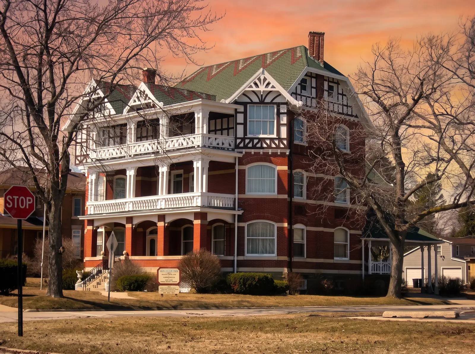 The historic Shiloh House in Zion, Illinois at golden hour.